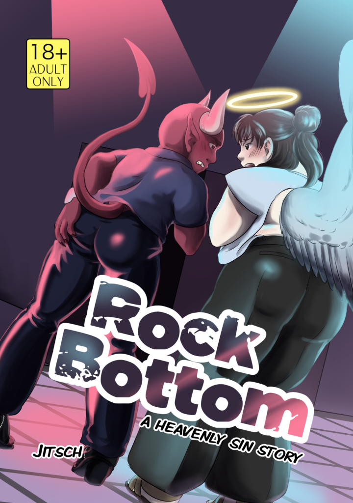Cover of the comic Rock Bottom A heavenly Sin story by Jitsch. The illustration shows an angel and a devil who stick their buttocks into the direction of the viewer and glare at each other. 